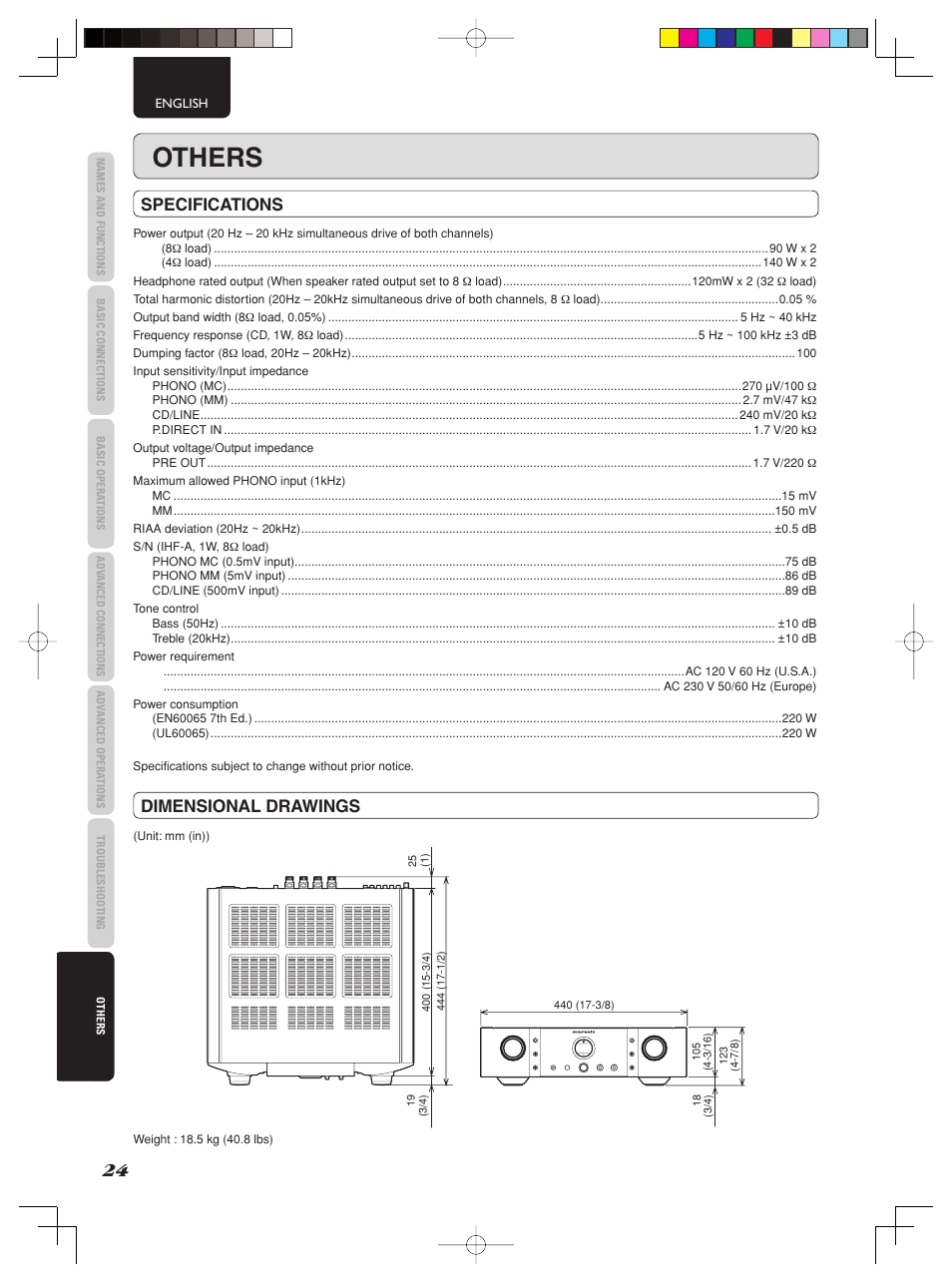 Others, Specifications, Dimensional drawings | Marantz PM-15S2 User Manual | Page 30 / 33