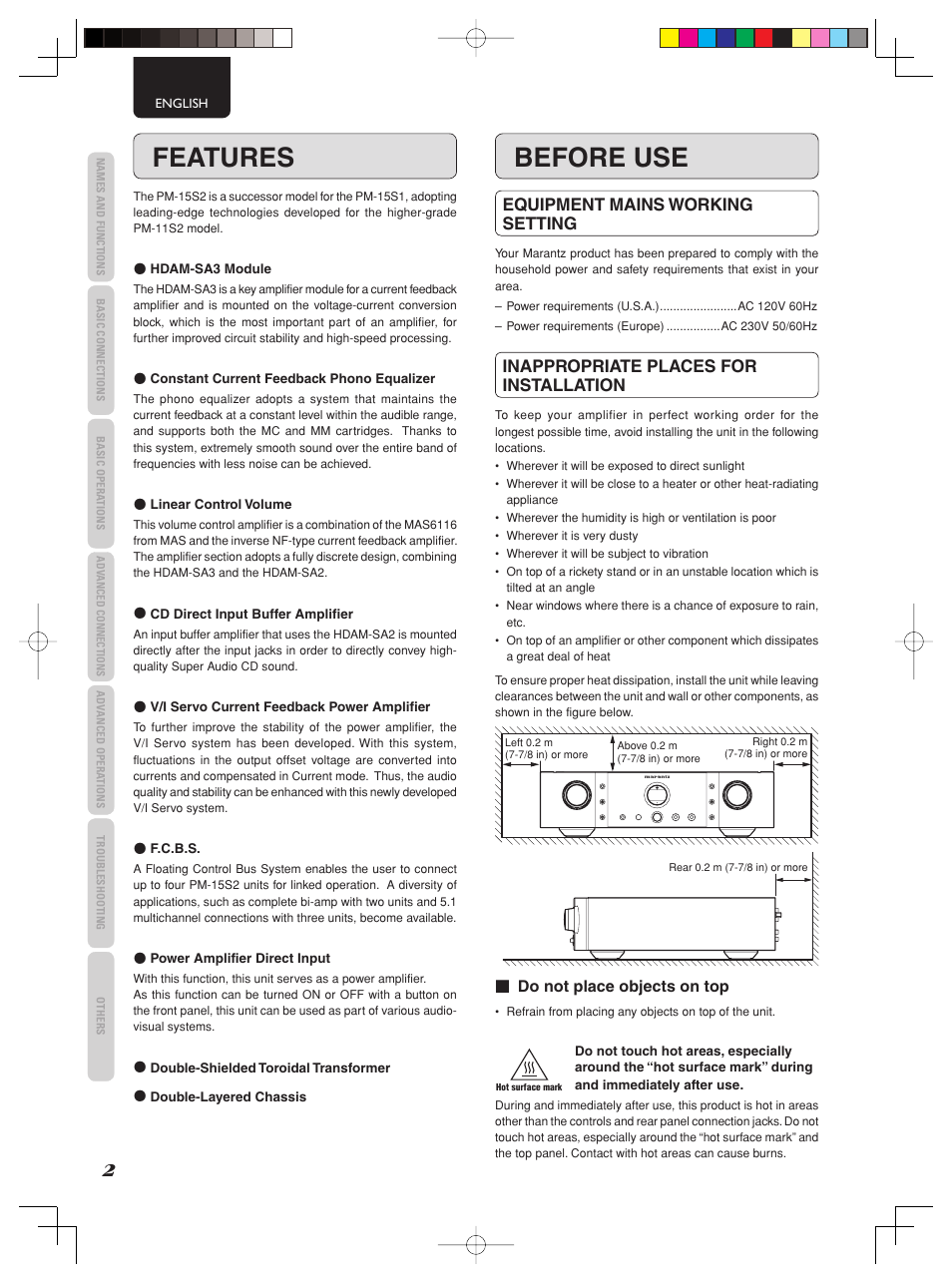Features, Before use, Equipment mains working setting | Inappropriate places for installation | Marantz PM-15S2 User Manual | Page 8 / 33