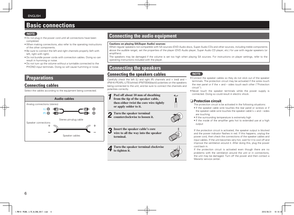 Basic connections, Preparations, Connecting the speakers | Connecting the audio equipment, Connecting cables, Connecting the speakers cables | Marantz PM7004N User Manual | Page 12 / 20