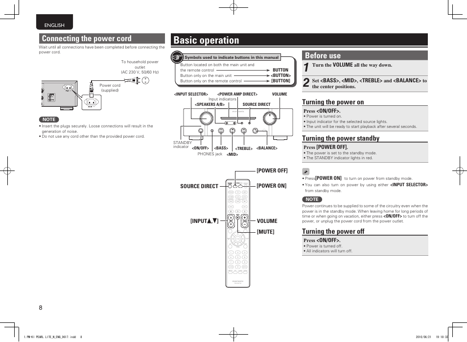 Basic operation, Connecting the power cord, Before use | Turning the power on, Turning the power standby, Turning the power off | Marantz PM7004N User Manual | Page 14 / 20