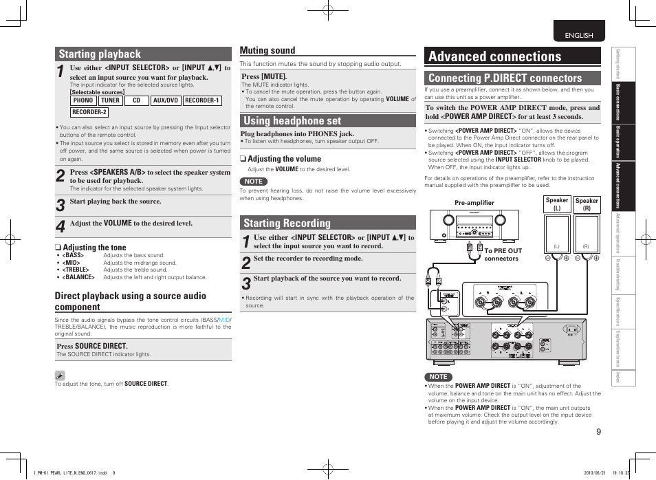 Advanced connections, Using headphone set, Starting recording | Starting playback, Connecting p.direct connectors, Direct playback using a source audio component, Muting sound | Marantz PM7004N User Manual | Page 15 / 20