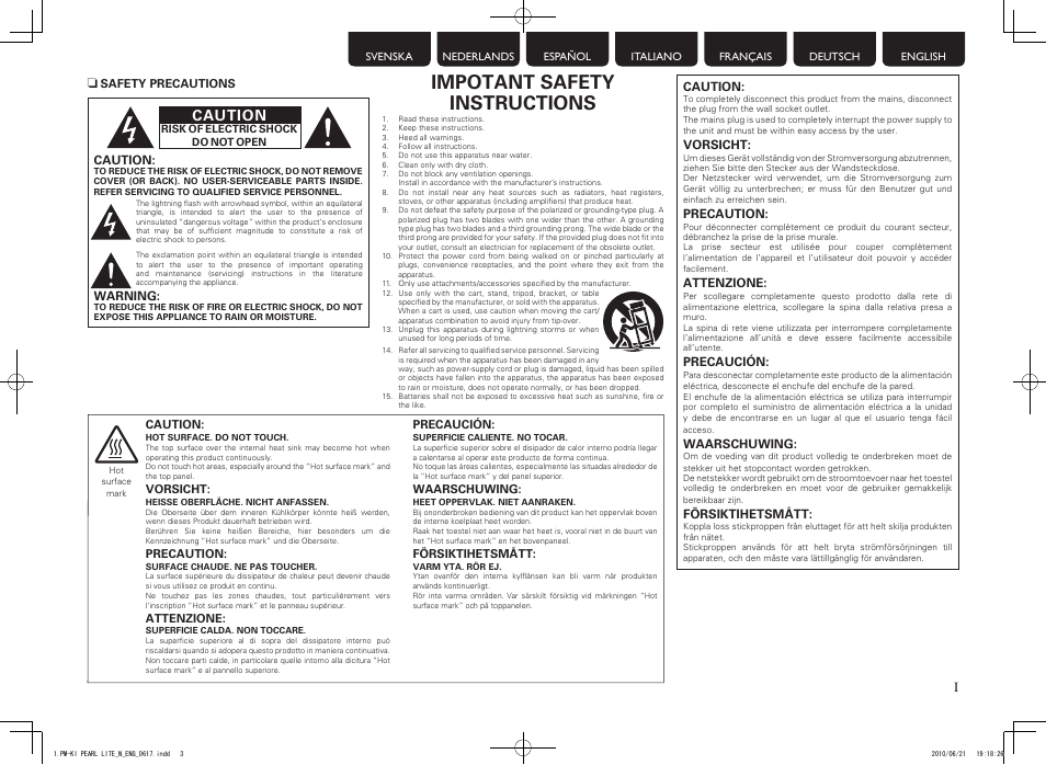 Impotant safety instructions, Caution | Marantz PM7004N User Manual | Page 3 / 20