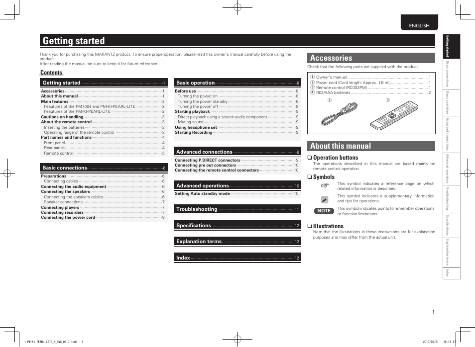 Getting started, Accessories, About this manual | Marantz PM7004N User Manual | Page 7 / 20