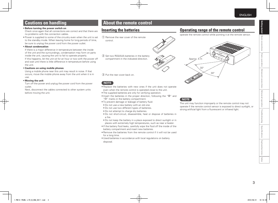 Cautions on handling, About the remote control, Inserting the batteries | Operating range of the remote control | Marantz PM7004N User Manual | Page 9 / 20