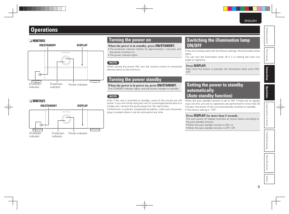 Operations, Turning the power on, Turning the power standby | Switching the illumination lamp on/off | Marantz MM7025N User Manual | Page 15 / 20