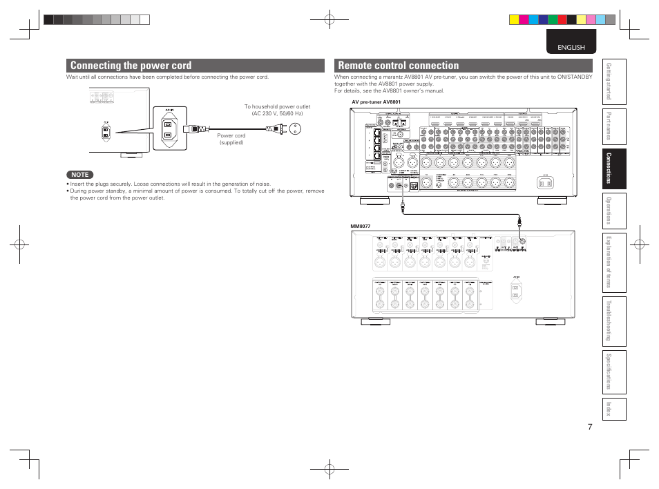 Connecting the power cord, Remote control connection | Marantz MM8077N User Manual | Page 15 / 22