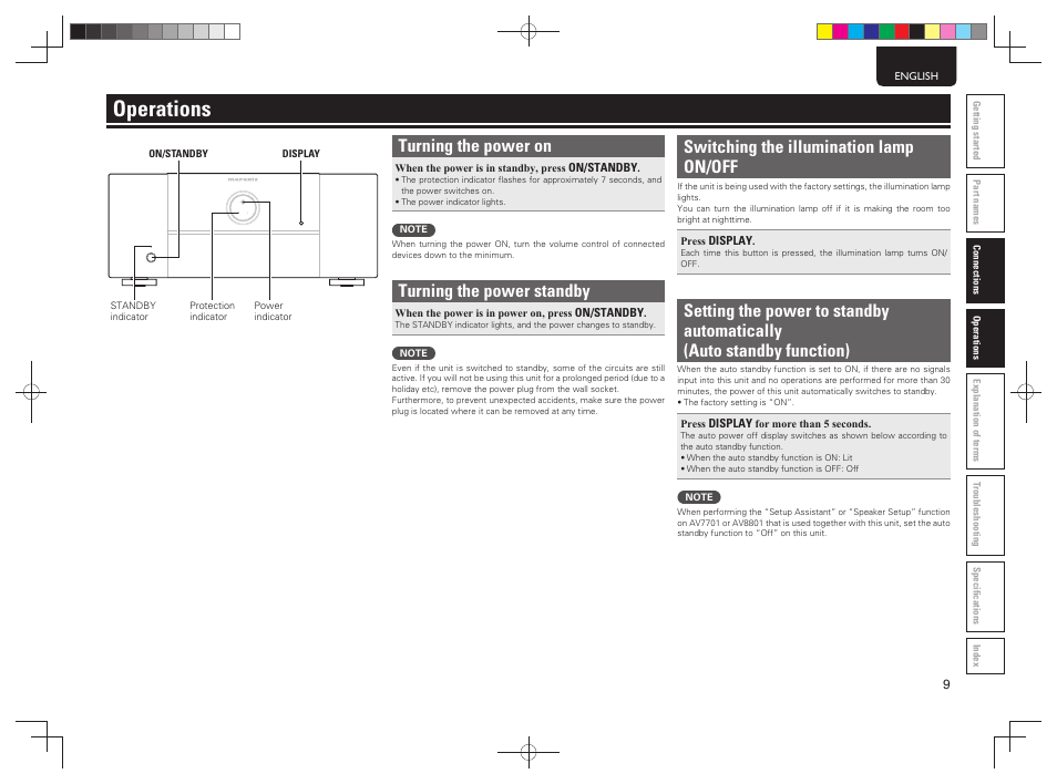 Operations, Turning the power on, Turning the power standby | Switching the illumination lamp on/off | Marantz MM8077N User Manual | Page 17 / 22