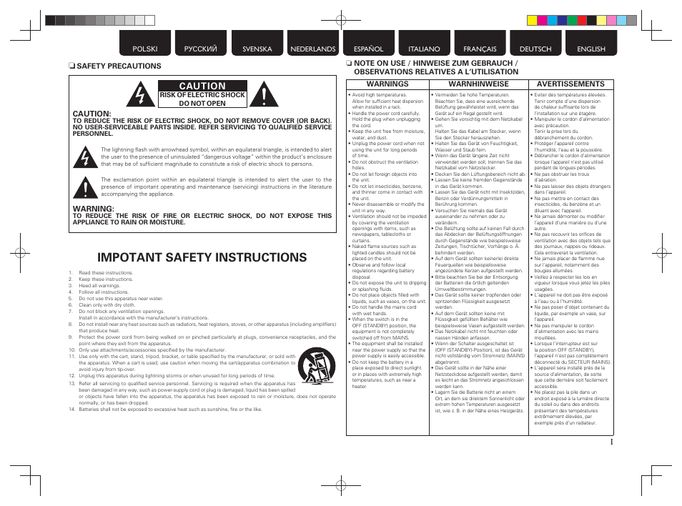 Impotant safety instructions, Caution | Marantz MM8077N User Manual | Page 3 / 22