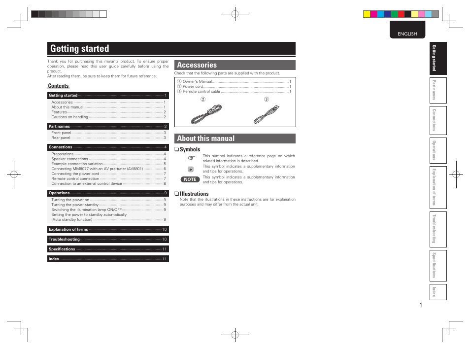 Getting started, Accessories, About this manual | Marantz MM8077N User Manual | Page 9 / 22