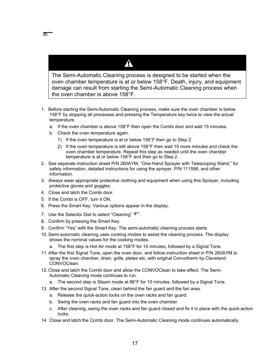 Semi- automatic cleaning, Warning | Cleveland Range Convotherm Combination Oven-Steamer Gas 20.20 User Manual | Page 19 / 81