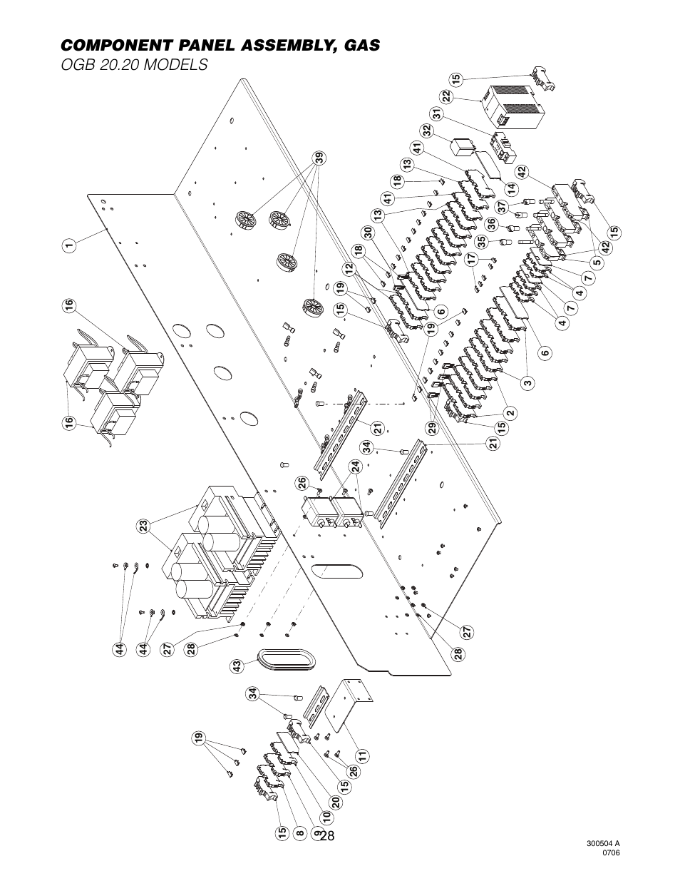 Component panel, gas (ogb 20.20), Component panel assembly, gas ogb 20.20 models | Cleveland Range Convotherm Combination Oven-Steamer Gas 20.20 User Manual | Page 30 / 81