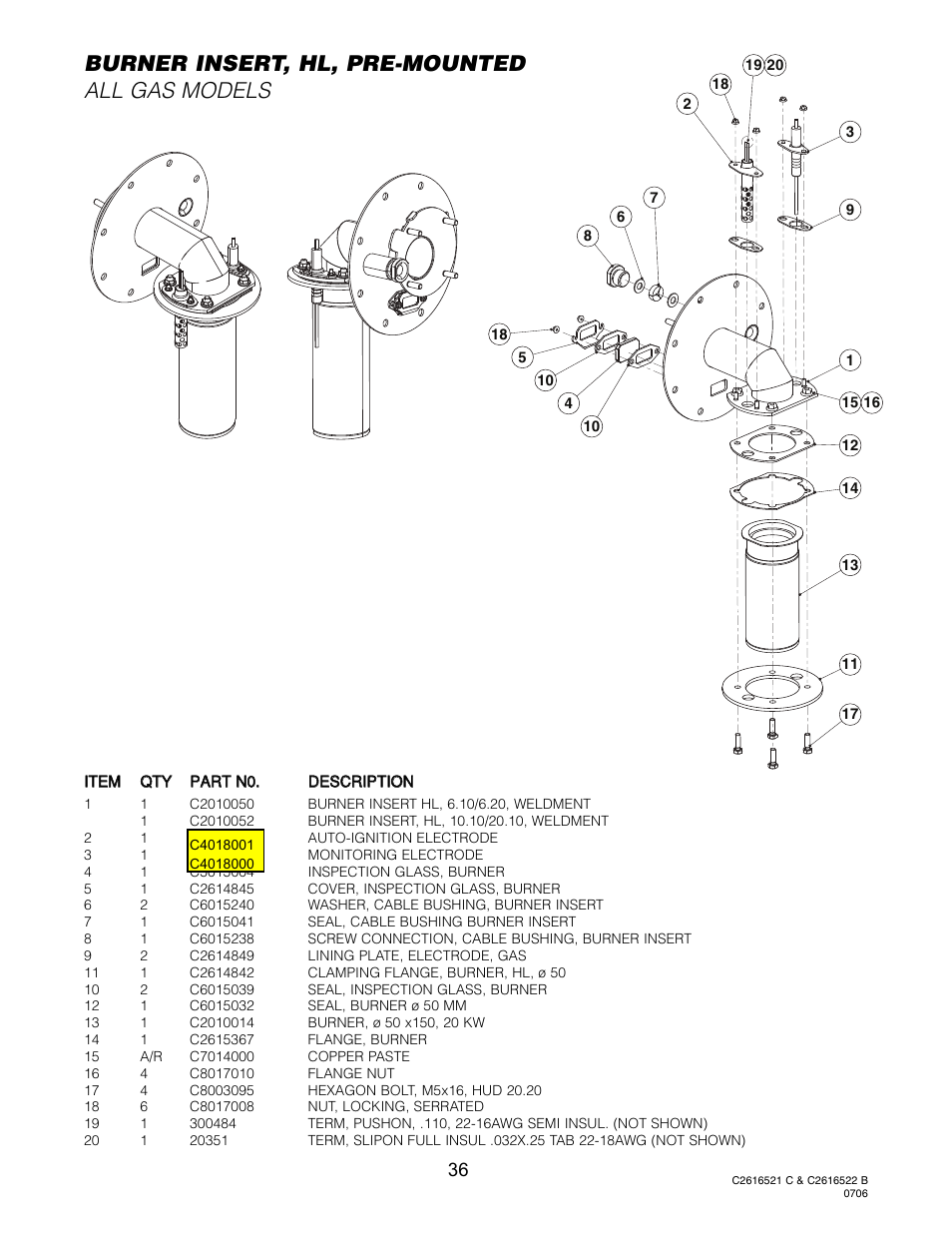 Burner insert, hl, pre-mounted (all gas models), Burner insert, hl, pre-mounted all gas models | Cleveland Range Convotherm Combination Oven-Steamer Gas 20.20 User Manual | Page 39 / 81