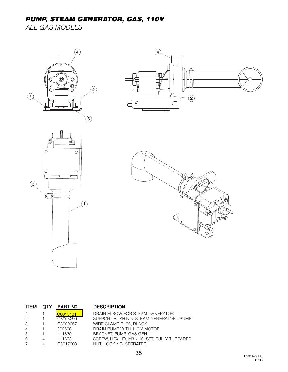 Pump, steam generator, gas, 110v (all gas models), Pump, steam generator, gas, 110v all gas models | Cleveland Range Convotherm Combination Oven-Steamer Gas 20.20 User Manual | Page 45 / 81