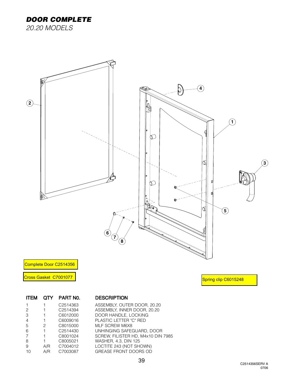 Door (20.20 models), Door complete 20.20 models | Cleveland Range Convotherm Combination Oven-Steamer Gas 20.20 User Manual | Page 46 / 81