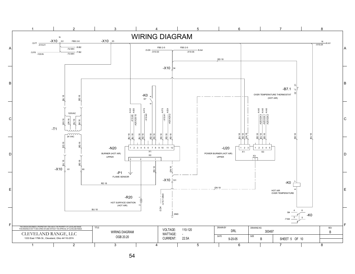 Pg 5, Wiring diagram, Cleveland range, llc | B7.1, Voltage: wattage: current, Sheet of | Cleveland Range Convotherm Combination Oven-Steamer Gas 20.20 User Manual | Page 61 / 81