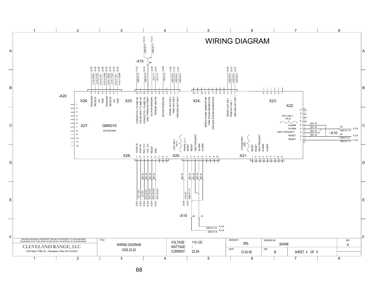 Pg 4, Wiring diagram, Cleveland range, llc | X23: x22, Voltage: wattage: current, Sheet of | Cleveland Range Convotherm Combination Oven-Steamer Gas 20.20 User Manual | Page 76 / 81