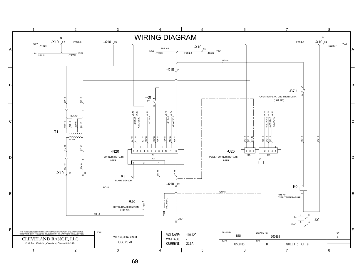 Pg 5, Wiring diagram, Cleveland range, llc | B7.1, Voltage: wattage: current, Sheet of | Cleveland Range Convotherm Combination Oven-Steamer Gas 20.20 User Manual | Page 77 / 81