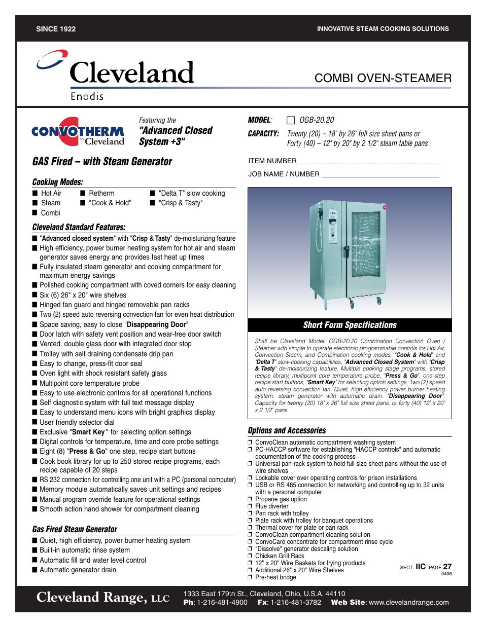 Specification sheets, Ogb-20.20, Cleveland range | Combi oven-steamer, Gas fired – with steam generator, Advanced closed system +3 | Cleveland Range Convotherm Combination Oven-Steamer Gas 20.20 User Manual | Page 9 / 81