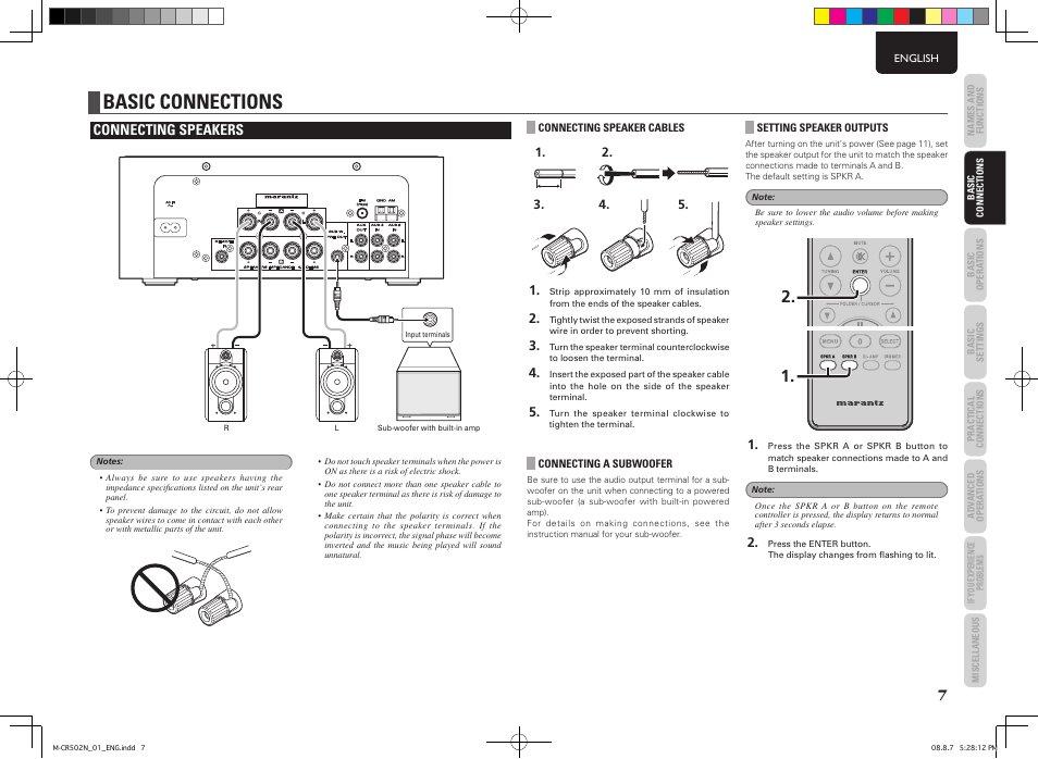 Basic connections, Connecting speakers | Marantz M-CR502 User Manual | Page 11 / 39