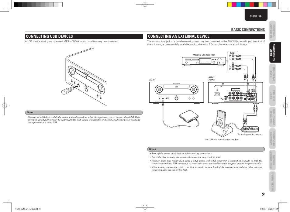 Connecting usb devices, Connecting an external device, Basic connections | Marantz M-CR502 User Manual | Page 13 / 39
