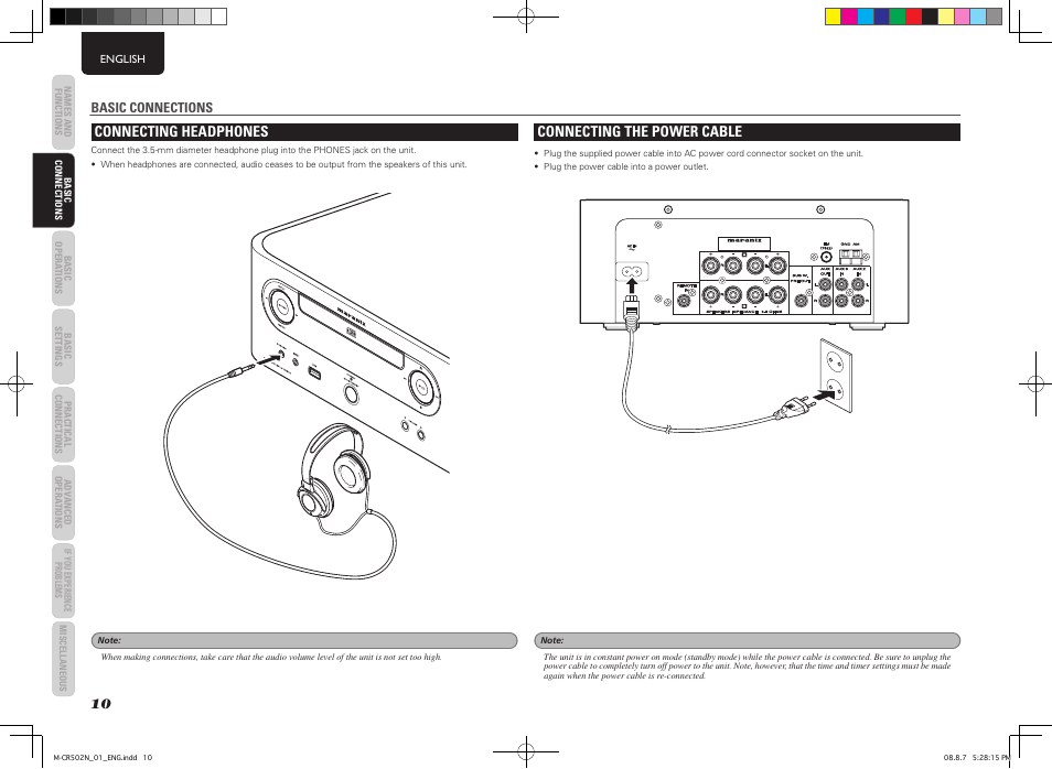 Connecting headphones, Connecting the power cable, Basic connections | Marantz M-CR502 User Manual | Page 14 / 39