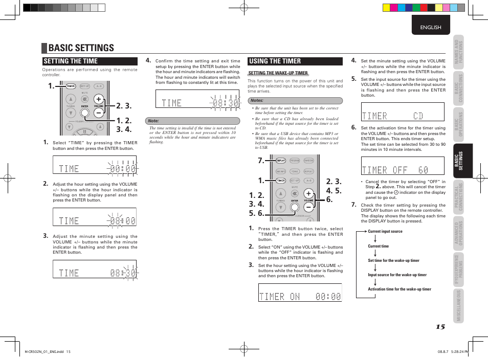 Basic settings, Setting the time, Using the timer | Marantz M-CR502 User Manual | Page 19 / 39