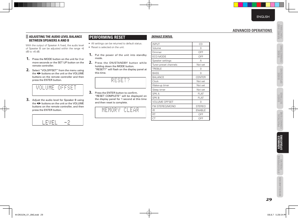 Performing reset, Advanced operations | Marantz M-CR502 User Manual | Page 33 / 39