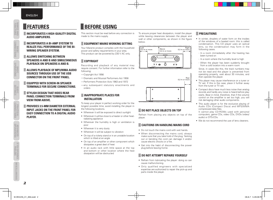 Before using, Features | Marantz M-CR502 User Manual | Page 6 / 39