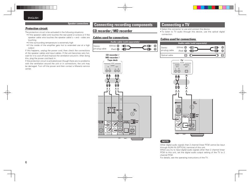 Connecting recording components, Connecting a tv, Cd recorder / md recorder | Protection circuit, Cables used for connections | Marantz MCR603 User Manual | Page 12 / 56