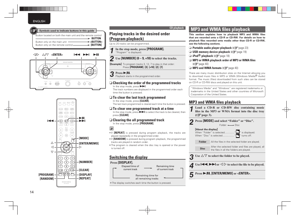 Mp3 and wma ﬁ les playback, Switching the display | Marantz MCR603 User Manual | Page 20 / 56