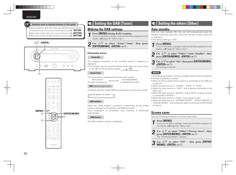 Setting the dab [tuner, Setting the others [other, Making the dab settings | Auto standby, Screen saver | Marantz MCR603 User Manual | Page 38 / 56