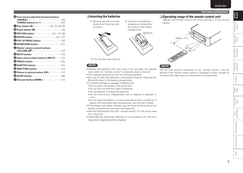 N inserting the batteries, N operating range of the remote control unit | Marantz MER803 User Manual | Page 13 / 60