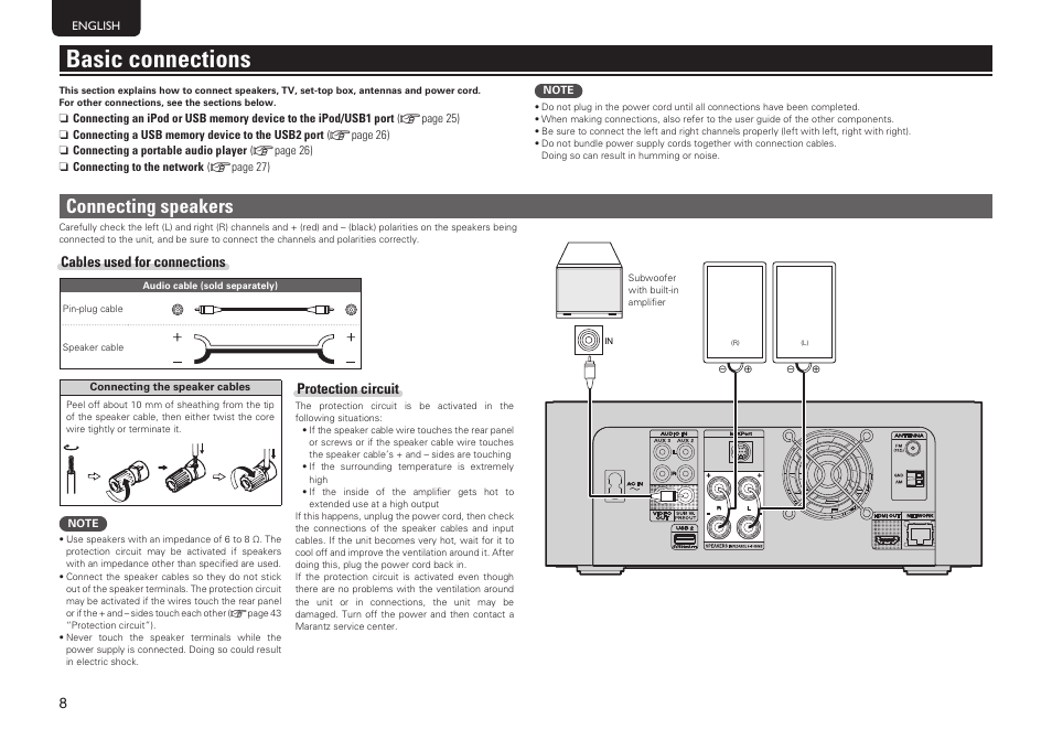 Basic connections, Connecting speakers, Cables used for connections | Protection circuit | Marantz MER803 User Manual | Page 14 / 60