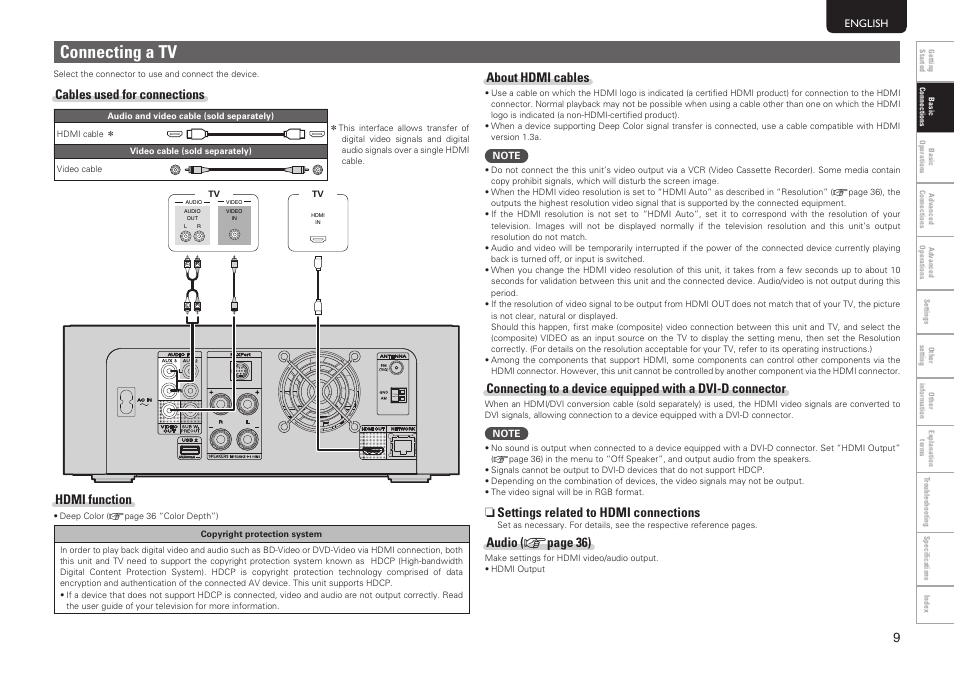 Connecting a tv, Cables used for connections, Hdmi function | About hdmi cables, N settings related to hdmi connections, Audio ( v page 36) | Marantz MER803 User Manual | Page 15 / 60