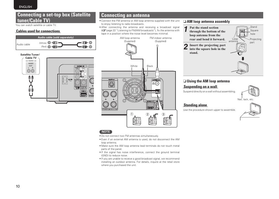 Connecting an antenna, N am loop antenna assembly, N using the am loop antenna suspending on a wall | Standing alone, Cables used for connections | Marantz MER803 User Manual | Page 16 / 60