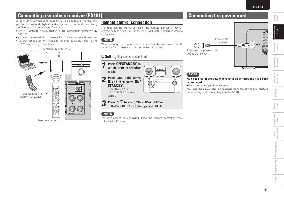 Connecting a wireless receiver (rx101), Connecting the power cord, Remote control connection | Marantz MER803 User Manual | Page 17 / 60