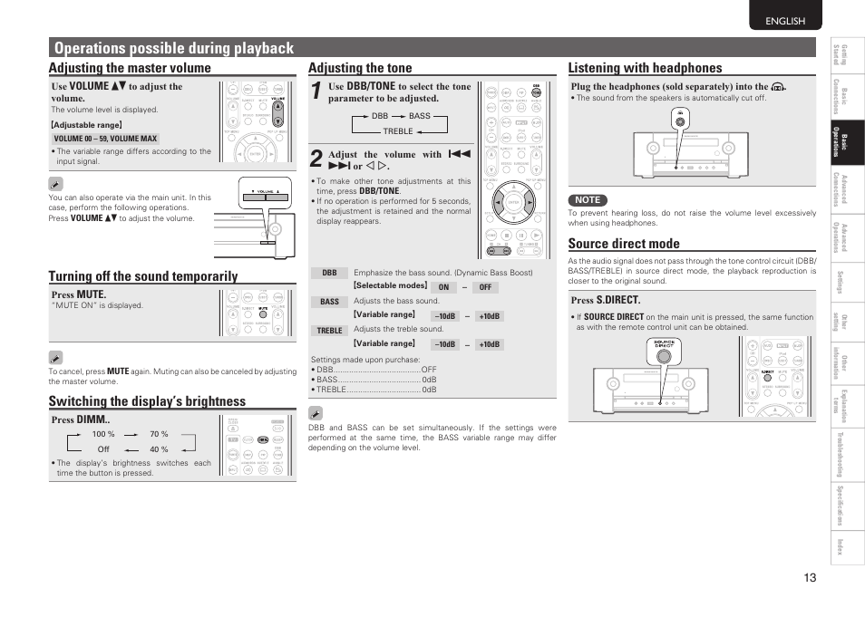 Operations possible during playback, Adjusting the master volume, Turning off the sound temporarily | Switching the display’s brightness, Adjusting the tone, Listening with headphones, Source direct mode | Marantz MER803 User Manual | Page 19 / 60