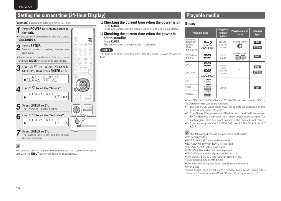 Playable media, Setting the current time (24-hour display), Discs | Marantz MER803 User Manual | Page 20 / 60