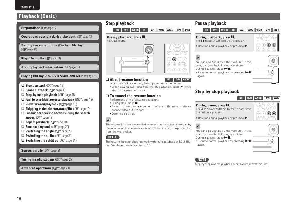 Playback (basic), Stop playback, Pause playback | Step-by-step playback, N about resume function, N to cancel the resume function | Marantz MER803 User Manual | Page 24 / 60