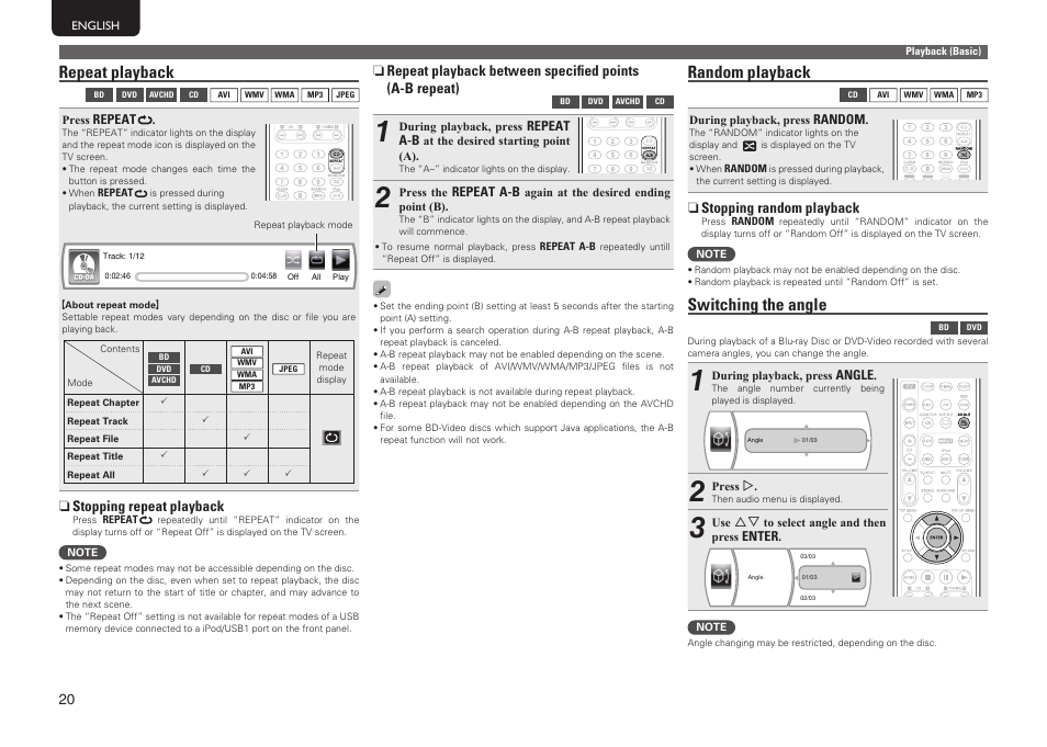 Repeat playback, Random playback, Switching the angle | N stopping repeat playback, N stopping random playback | Marantz MER803 User Manual | Page 26 / 60