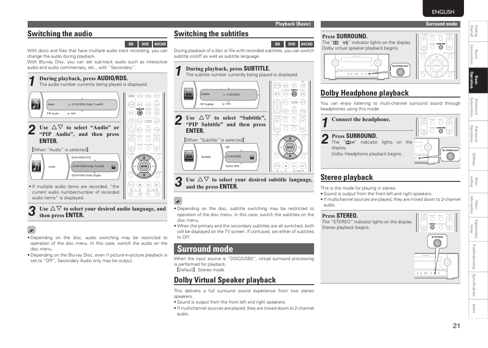 Surround mode, Dolby headphone playback, Stereo playback | Switching the audio, Switching the subtitles, Dolby virtual speaker playback | Marantz MER803 User Manual | Page 27 / 60