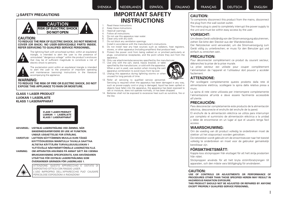 Important safety instructions, Caution, Warning | Vorsicht, Precaution, Attenzione, Waarschuwing, Försiktihetsmått, Precaución | Marantz MER803 User Manual | Page 3 / 60