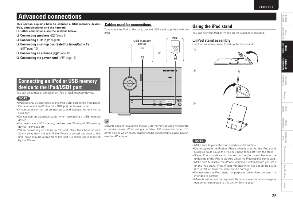 Advanced connections, Using the ipod stand, Cables used for connections | N ipod stand assembly | Marantz MER803 User Manual | Page 31 / 60