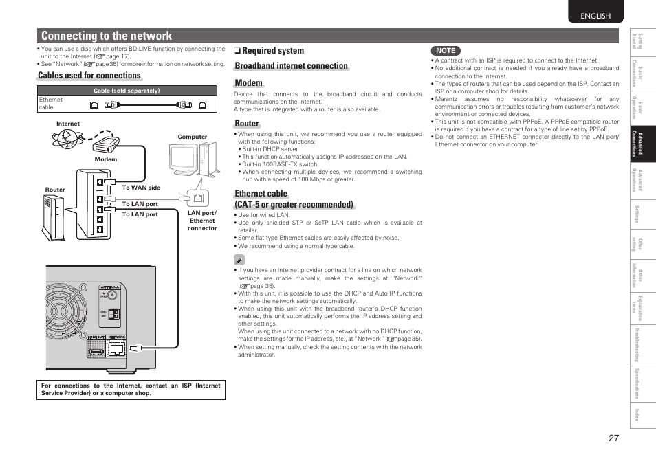 Connecting to the network, Cables used for connections, Router | Ethernet cable (cat-5 or greater recommended) | Marantz MER803 User Manual | Page 33 / 60