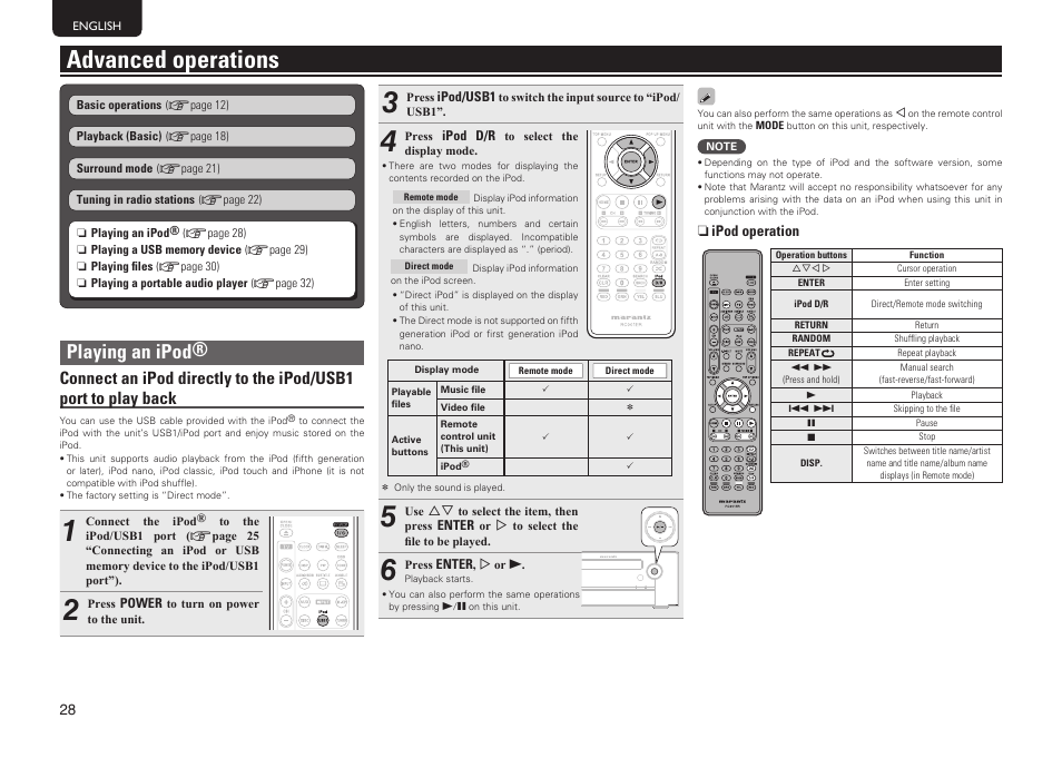 Advanced operations, Playing an ipod | Marantz MER803 User Manual | Page 34 / 60