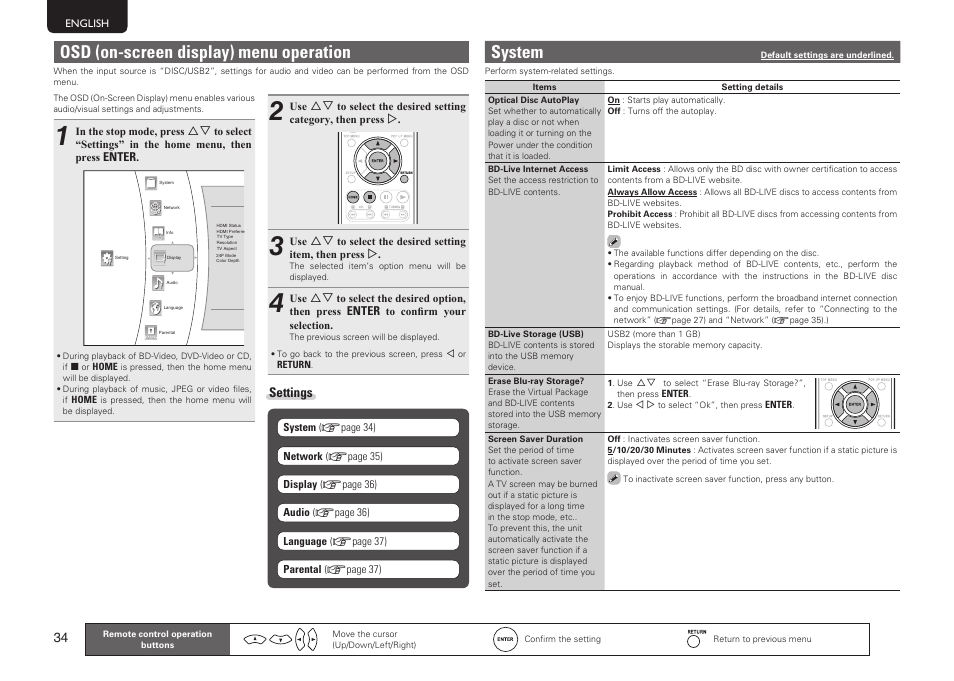 System, Osd (on-screen display) menu operation, Settings | Marantz MER803 User Manual | Page 40 / 60