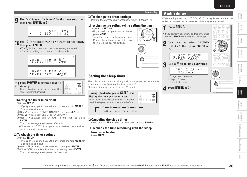 Audio delay, Setting the sleep timer | Marantz MER803 User Manual | Page 45 / 60