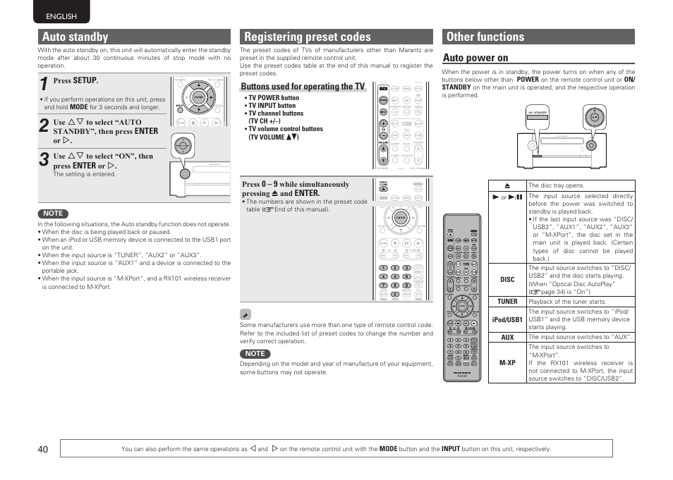 Auto standby, Registering preset codes, Other functions | Auto power on | Marantz MER803 User Manual | Page 46 / 60