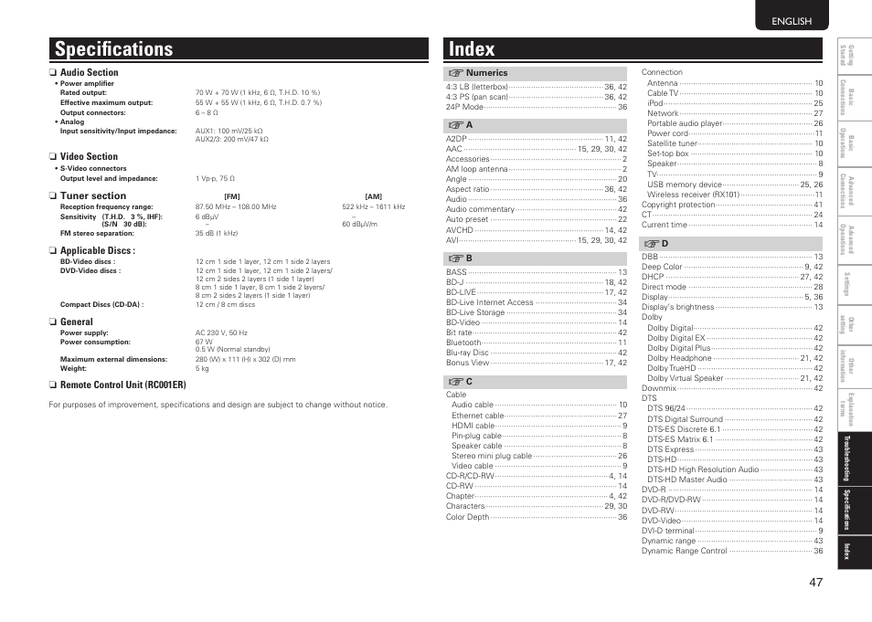 Specifications index | Marantz MER803 User Manual | Page 53 / 60