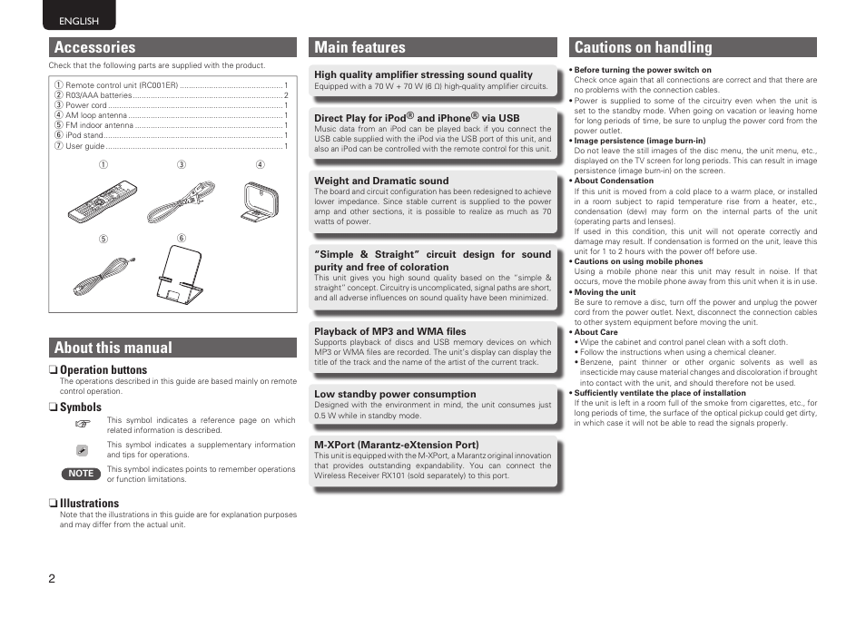 Main features, Cautions on handling, Accessories | About this manual | Marantz MER803 User Manual | Page 8 / 60